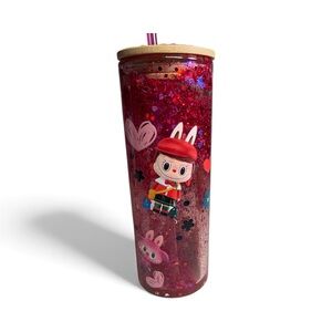 Brand New Labubu Glass Snowglobe Glitter 20 oz Tumbler with Straw Topper